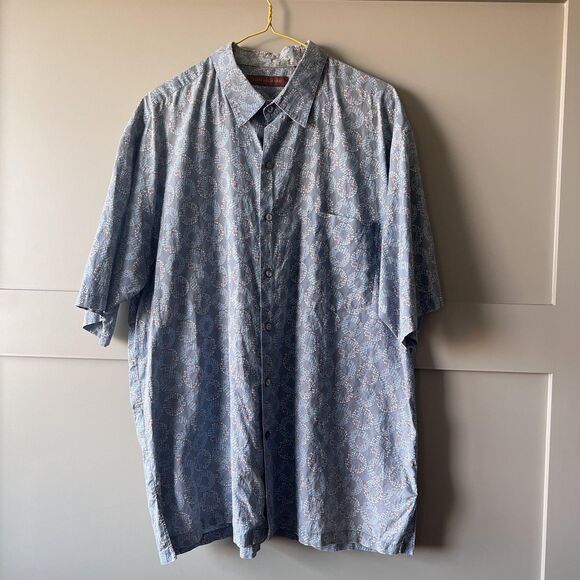 Tori Richard Shirt Mens XL Blue Cotton Button Up Short Sleeve Geometric Hawaiian - Picture 1 of 14